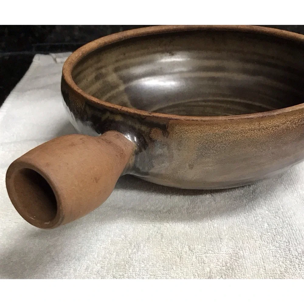 Stoneware Pottery Glazed Pot Bowl‎ with Handle Brown Tan Swirl